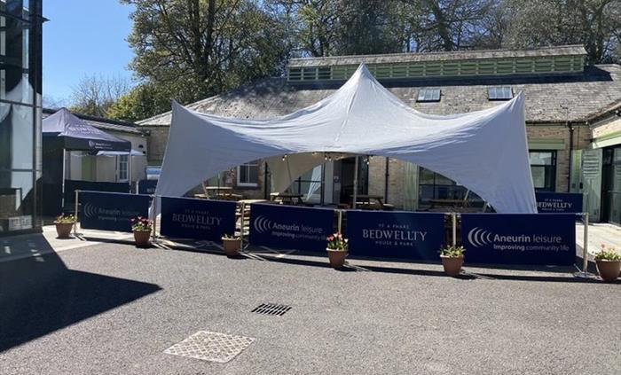 An awning has been placed outside the Coach House so you can enjoy drinks and refreshments whatever the weather.